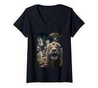 Womens Spooky Lion Selfie with Ghosts Haunted Forest Halloween V-Neck T-Shirt