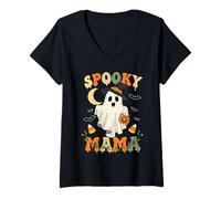Womens Spooky Mama Groovy Ghost Witch Halloween Costume Mom V-Neck T-Shirt