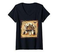 Womens Spooky Mansion Full Moon Halloween Pumpkins Spider Scary Fun V-Neck T-Shirt