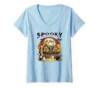 Womens Spooky Mansion Halloween Pumpkins Spider Scary Full Moon Fun V-Neck T-Shirt