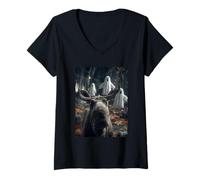 Womens Spooky Moose Selfie with Ghosts Haunted Forest Halloween V-Neck T-Shirt