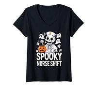 Womens Spooky Nurse Shift Funny Nurses Skeletons Ghost Halloween V-Neck T-Shirt