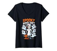 Womens Spooky Nurse Shift Nurse Skeleton Ghost Halloween V-Neck T-Shirt