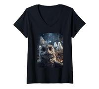 Womens Spooky Owl Selfie with Ghosts and Haunted Forest Halloween V-Neck T-Shirt