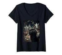 Womens Spooky Persian Cat Selfie Ghosts Haunted Forest Halloween V-Neck T-Shirt