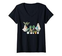 Womens Spooky Plant Lady Halloween Ghost Garden Watering Flowers V-Neck T-Shirt