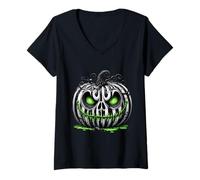 Womens Spooky Pumpkin White Stripes Eyes grin V-Neck T-Shirt