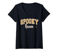 Womens Spooky Queen Halloween Spider Varsity Orange Letters V-Neck T-Shirt