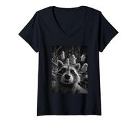 Womens Spooky Raccoon Selfie with Ghosts Haunted Forest Halloween V-Neck T-Shirt