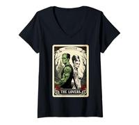 Womens Spooky Romance Frankenstein The Lovers Tarot Halloween Vibe V-Neck T-Shirt