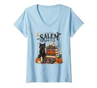 Women's Spooky Salem Bookish Club Witchy Cat Reader Halloween Design V-Neck T-Shirt