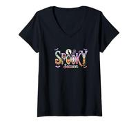 Womens Spooky Season Colourful Halloween Script with Ghost Cat Pumpkin V-Neck T-Shirt