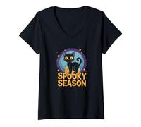 Women's Spooky Season Cute Celestial Halloween Cat V-Neck T-Shirt