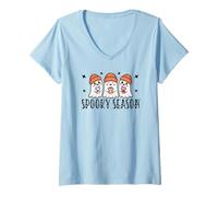 Womens Spooky Season Ghost Trio Halloween Ghosties Coffee Date V-Neck T-Shirt