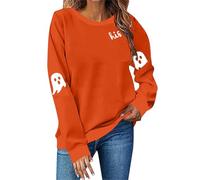 Women's Spooky Season Sweatshirt - Haunted House Graphic Crewneck, Warm Fleece Pullover, Halloween Party Essential Classic Crew Neck Long Sleeve Pullover Tops Orange