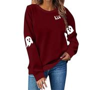 Women's Spooky Season Sweatshirt - Haunted House Graphic Crewneck, Warm Fleece Pullover, Halloween Party Essential Classic Crew Neck Long Sleeve Pullover Tops Wine