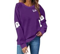 Women's Spooky Season Sweatshirt - Haunted House Graphic Crewneck, Warm Fleece Pullover, Halloween Party Essential Classic Crew Neck Long Sleeve Pullover Tops Purple