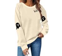 Women's Spooky Season Sweatshirt - Haunted House Graphic Crewneck, Warm Fleece Pullover, Halloween Party Essential Classic Crew Neck Long Sleeve Pullover Tops Beige