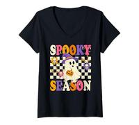 Womens Spooky Season Witch Ghost Pumpkin Groovy Halloween V-Neck T-Shirt