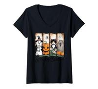 Womens Spooky Seasons Ghost Cat Quartet Halloween Top V-Neck T-Shirt