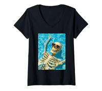 Women's Spooky Skeleton with Sunglasses Gothic Summer Summerween V-Neck T-Shirt