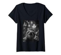 Womens Spooky Sloth Selfie with Ghosts Haunted Forest Halloween V-Neck T-Shirt