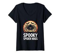 Womens Spooky Spider HUGS with Glowing Eyes and Bats V-Neck T-Shirt