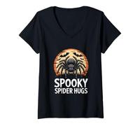 Womens Spooky Spider HUGS with Glowing Eyes and Bats V-Neck T-Shirt