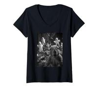 Womens Spooky Squirrel Selfie with Ghosts Haunted Forest Halloween V-Neck T-Shirt