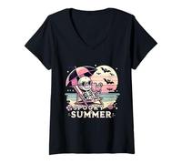 Womens Spooky Summer Skeleton Halloween Vibes - Iced Coffee Gothic V-Neck T-Shirt