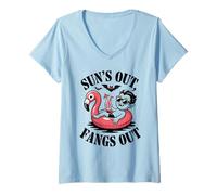 Womens Spooky Summer Vampire Design - Sun, Fangs & Poolside Fun V-Neck T-Shirt