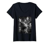 Womens Spooky T-rex Selfie Ghosts Haunted Forest Halloween Dinosaur V-Neck T-Shirt