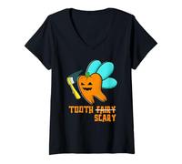 Women's Spooky Tooth Fairy Tooth Scary Jack O' Lantern Halloween V-Neck T-Shirt