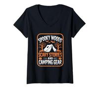 Womens Spooky Woods Scary Stories Camper Hiker Halloween Camping V-Neck T-Shirt