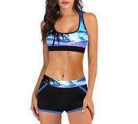 Women's Sport Bikini Sets with Shorts High Waisted Two Piece Swimsuits Racerback Push Up Scoop Neck Floral Print Swimwear Bathing Suit Ladies Swimming Costume