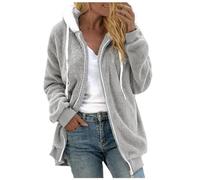 Women's Sports Jacket Hooded - Fleece Jacket Large Size Pure Colour Long Sleeve Jacket with Drawstring Zip, grey, L