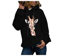 Women's Sports Loose Sweatshirt Drawstring Giraffe Print Hoodie Winter Solid Color Top Long Sleeve Roupas Femininas (Black, XL)