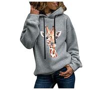Women's Sports Loose Sweatshirt Drawstring Giraffe Print Hoodie Winter Solid Color Top Long Sleeve Roupas Femininas (Gray, L)