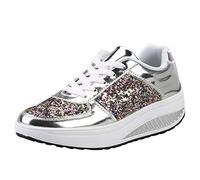 Women's Sports Shoes Sequin Trainers Breathable Running Shoes Non-Slip Trainers Cushioning with Soft Base Outdoor Sports Shoes Glitter Wedge Heel Lace-up Shoes Jogging High Casual Shoes, silver, 7 UK