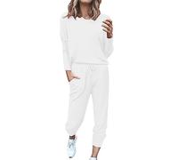 Women's Sports Suit Set Winter Tracksuit Women's Set Cotton Long Sleeve Drawstring Leisure Suit Tracksuit Long Sleeve Crew Neck Plain Two Piece Outfit Hoodie Jogger Set, White, L