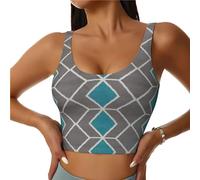 Women'S Sports Vest Blue Grey Lattice Printing Workout Bra with Detachable Pad Seven-Point Vest Suitable for Running Fitness Cycling and Daily Wear