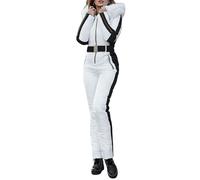 Women's Sports Zipper One Piece Ski Suit - All In One Ski Suits Windproof Waterproof Hooded Softshell Jacket & Trousers Set, Winter Bodywarmer Down Longline Coat, Plus Size Gym Outerwear (White,S)