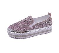 Women's Sporty Loafers, Platform Rhinestone Fashion Glitter Sneakers Sparkly Bling Thick Sole Flat Shoes for Wedding Bridal (Pink,9)