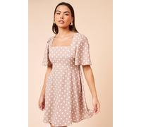 Spot Seamed Bodice Angel Sleeve Mini Dress Dorothy Perkins Beige 12
