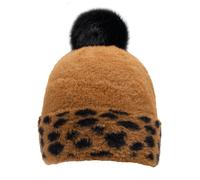 Women's Spotty Feather Yarn Knitted Bobble Hat with Faux Fur Pom Pom - TAN / ONE