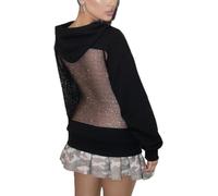 Women's Spring and Autumn Sexy Backless Perspective Mesh Splicing Pullover Hoodie Y2K Fashion Street Trend Loose Casual Solid color Hoodie (Black,M)