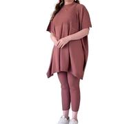 Women's Spring and Autumn Solid Color Set, Women's Round Neck Bat Bat Shirt, Large Loose Knitted Shirt, Casual Two Piece Set, Top Set(5,S)