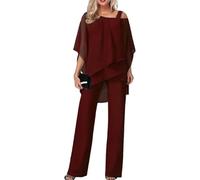 Women's Spring and Autumn Two Piece Breathable Bridal Gowns Work Suit Wedding Guest Party Suit Casual Irregular Chiffon Wide Leg Pants Set (Red,XXL)