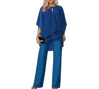 Women's Spring and Autumn Two Piece Mother of The Bride Dresses Work Suit Wedding Guest Party Suit Casual Irregular Chiffon Wide Leg Pants Set (Blue,XXL)