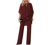 Women's Spring and Autumn Two Piece Mother of The Bride Dresses Work Suit Wedding Guest Party Suit Casual Irregular Chiffon Wide Leg Pants Set (Red,3XL)